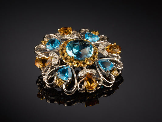 Брошь/кулон с бриллиантами, цитринами и голубыми топазами