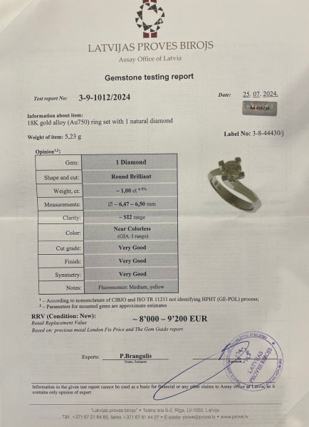 Кольцо с бриллиантом 1.00ct GIA
