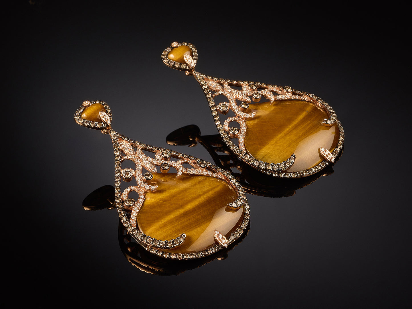 14kt rose gold diamond and tiger's eye earrings