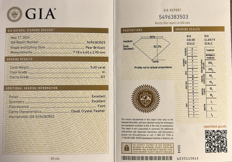 Кольцо с бриллиантом 0.60ct GIA