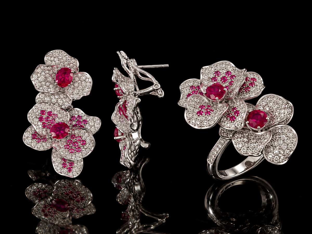 18kt white gold diamond and ruby set