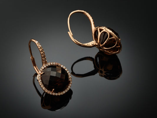 Серьги с бриллиантами и дымчатым кварцем