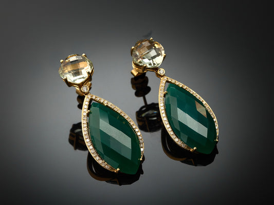 Серьги с бриллиантами, зелёными аметистами и зелёными агатами