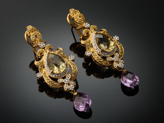 Серьги с бриллиантами, сапфирами и аметистами
