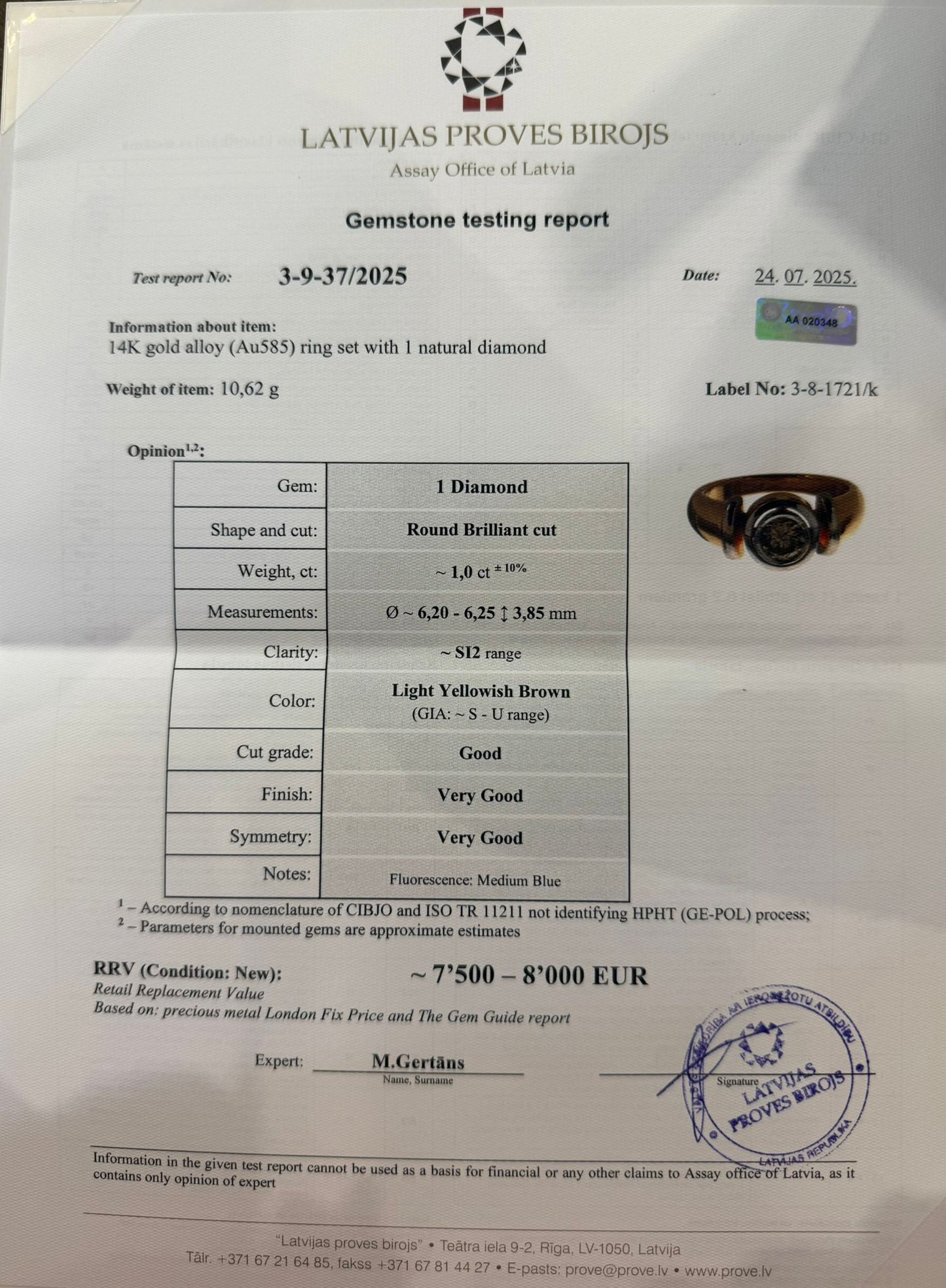 Gredzens ar briljantu 1.00ct
