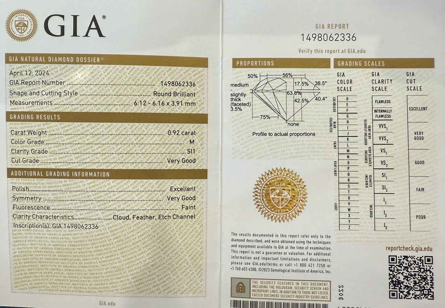 Gredzens ar briljantu 0.92ct GIA