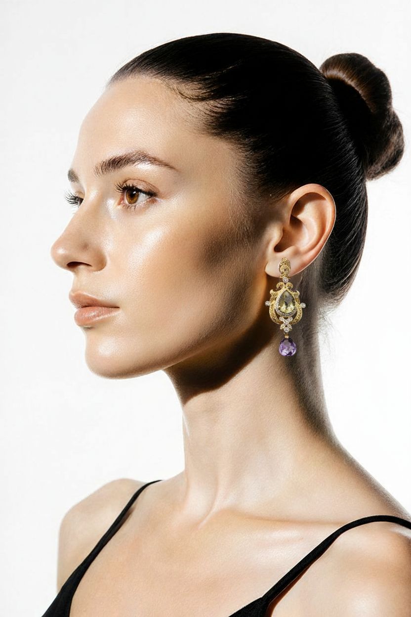 Auskari ar briljantiem, dzelteniem safīriem un ametistiem