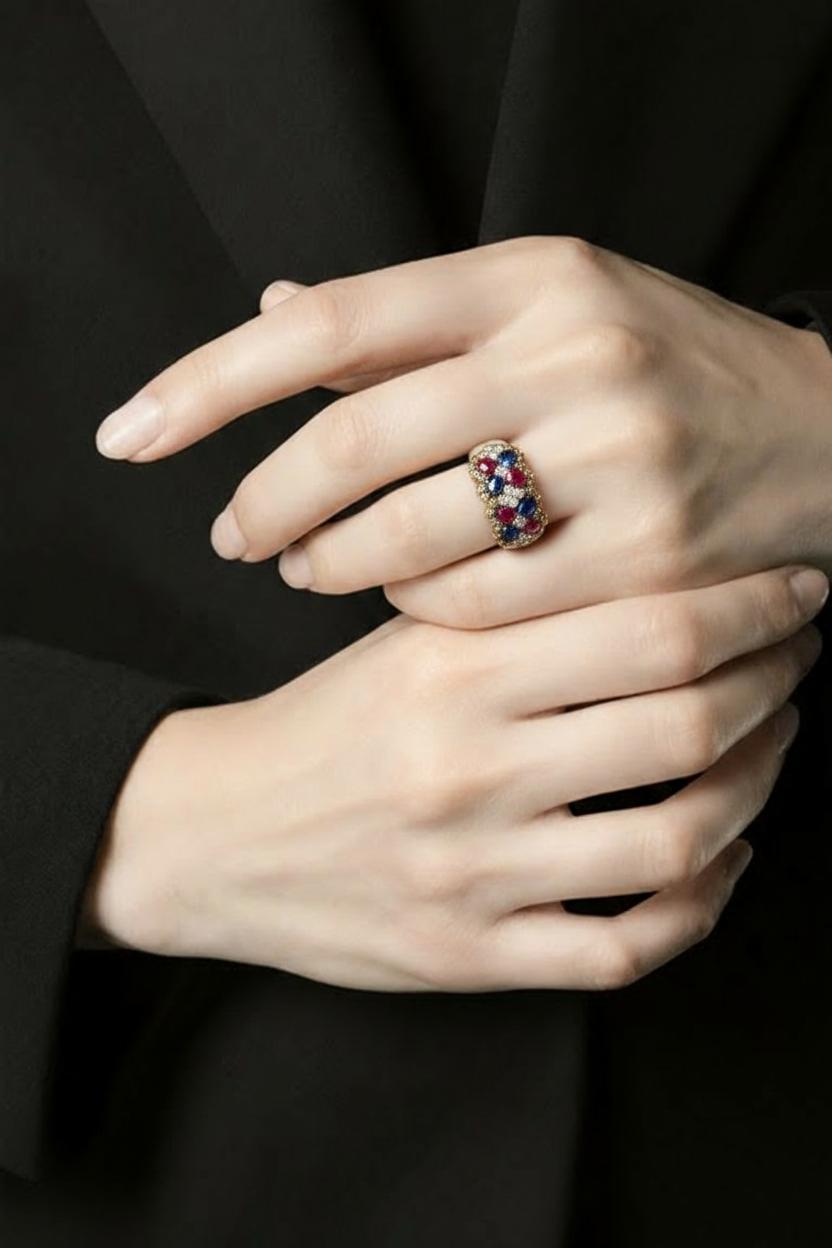 18kt white gold diamond, sapphire and ruby ring