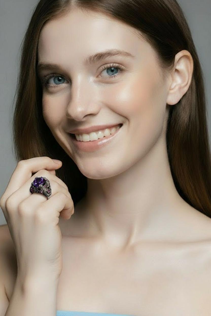 18kt black gold diamond, rose sapphire and amethyst ring
