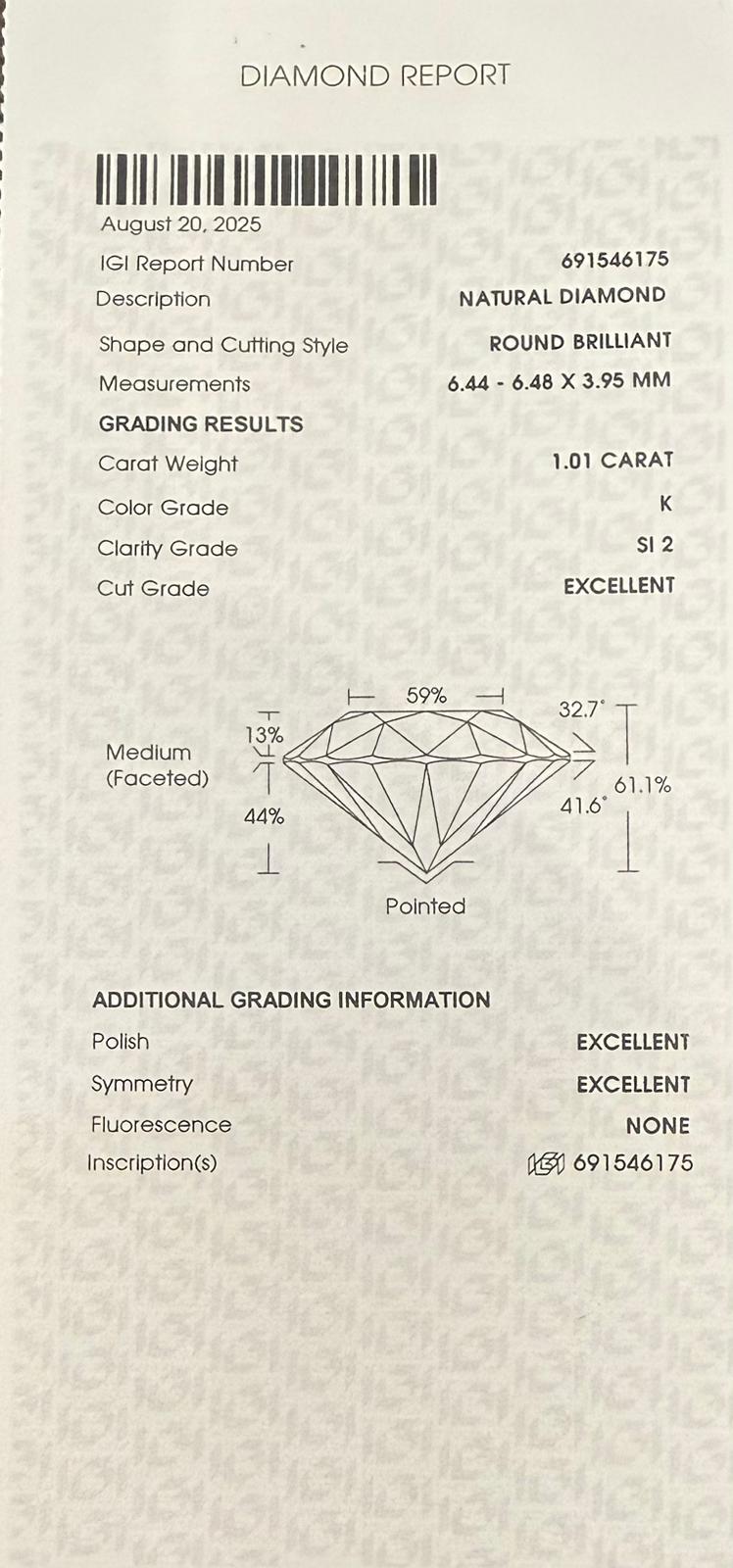 Platīnas gredzens ar briljantu 1.01ct IGI