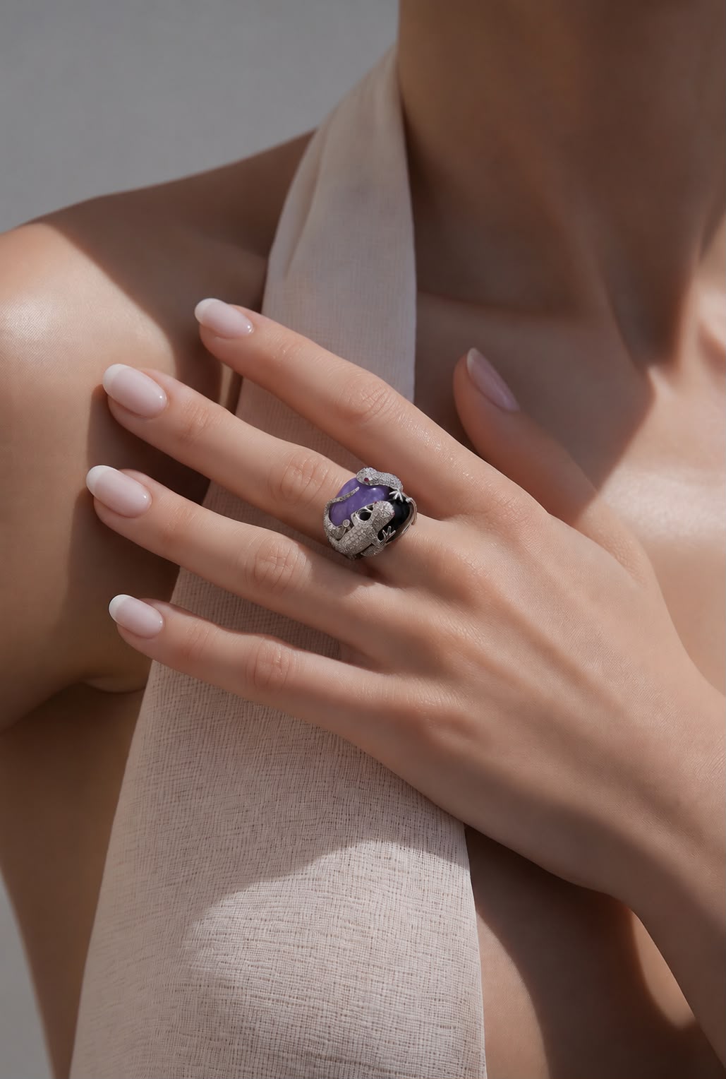 18kt white gold diamond, agate, chalcedony, ruby and sapphire ring