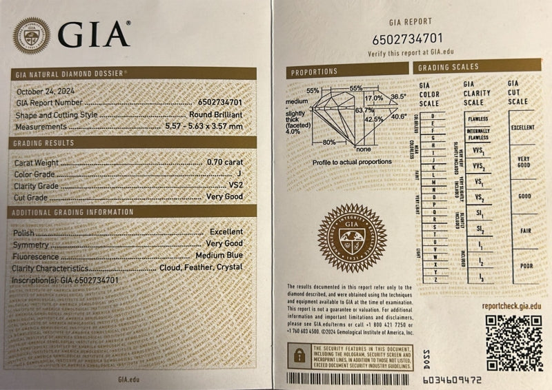 Кольцо с бриллиантом 0.70ct GIA