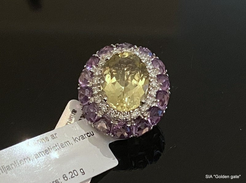 Кулон с бриллиантами, аметистом и зелёным кварцем