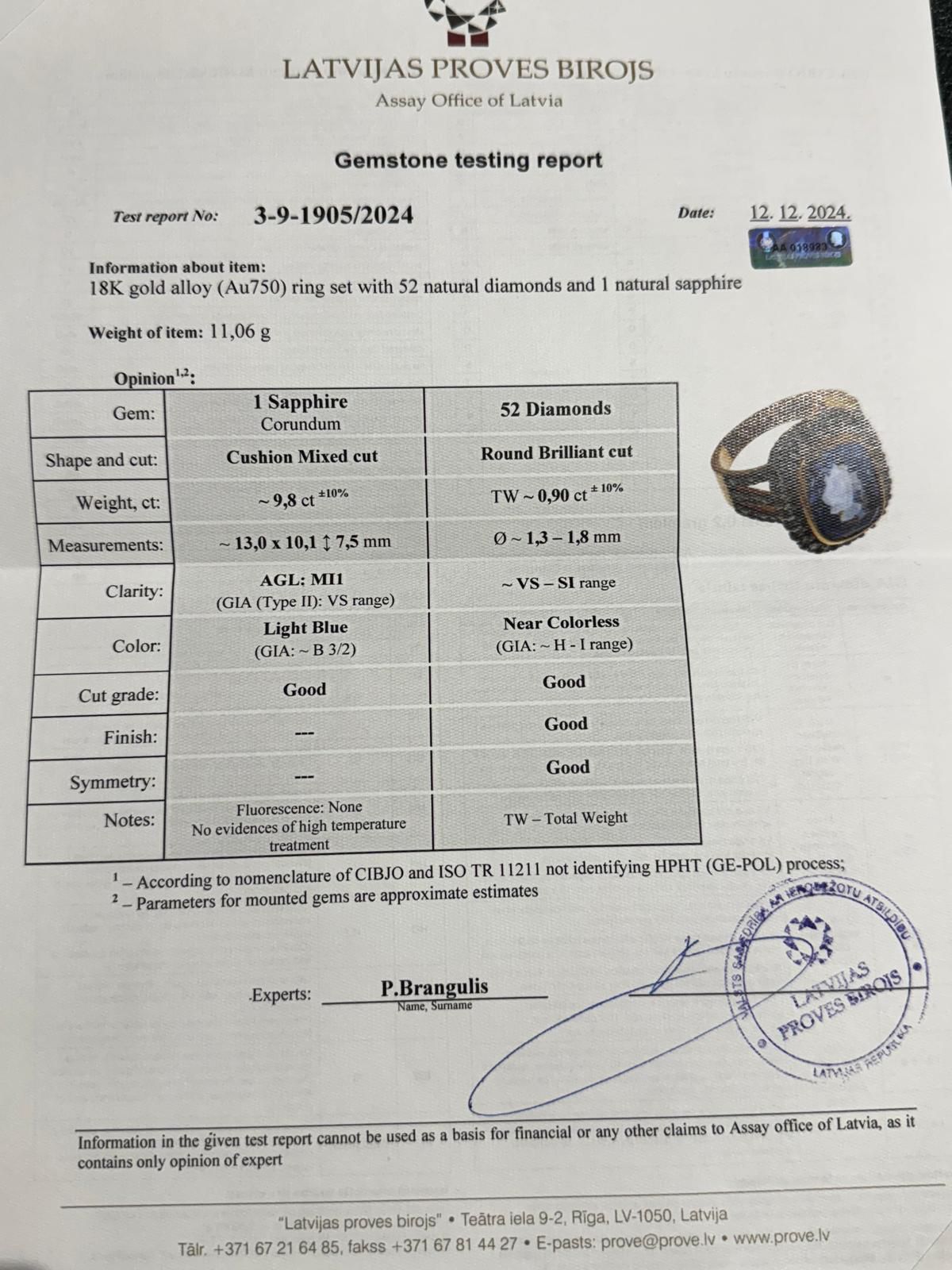 Gredzens ar briljantiem un safīru (9.80ct)