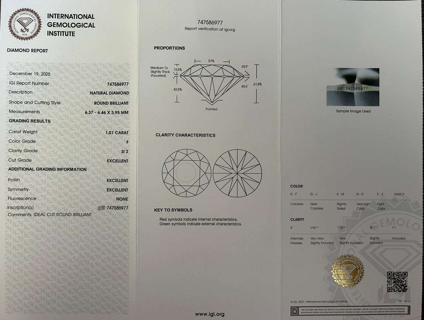 Platīnas gredzens ar briljantu 1.01ct IGI