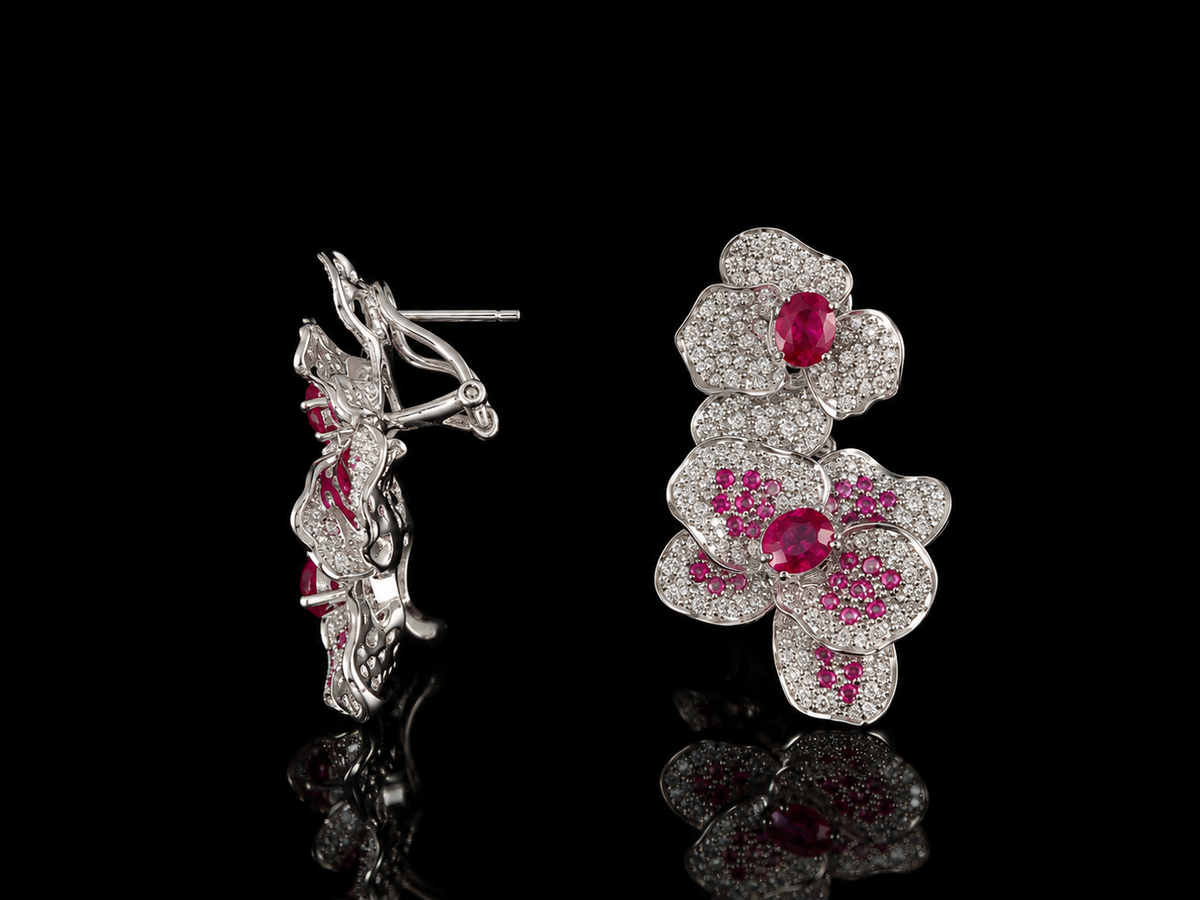 18kt white gold ruby and diamond earring