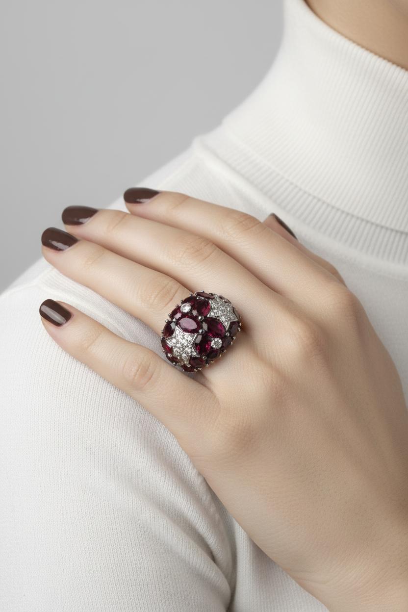 18kt white gold diamond and garnet ring