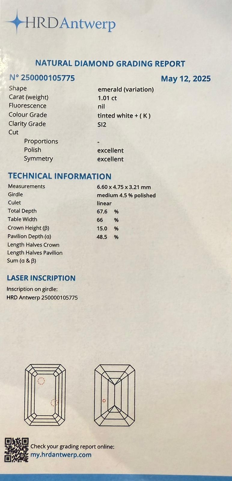 Platīnas gredzens ar briljantu 1.01ct HRD