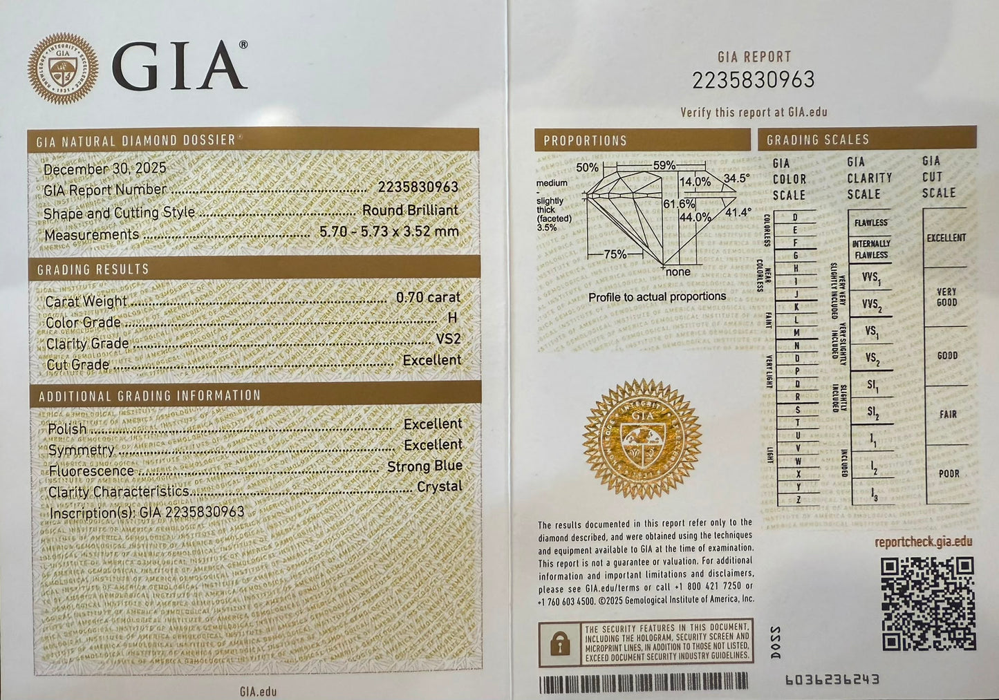 Gredzens ar briljantu 0.70ct GIA