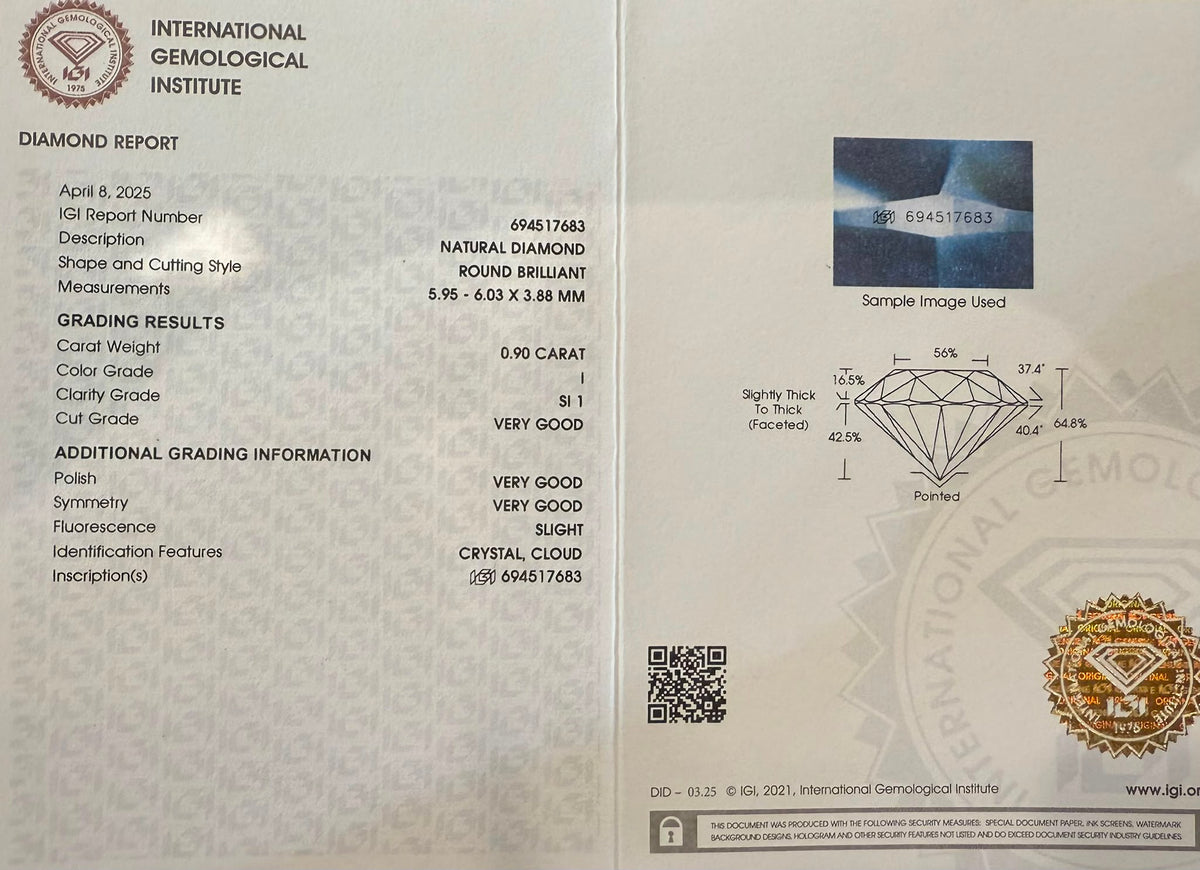 Gredzens ar briljantu 0.90ct IGI